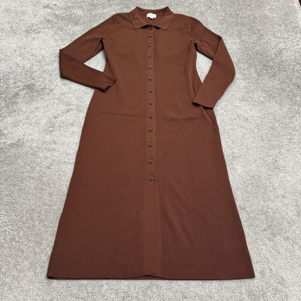 The Drop Ribbed Long Sleeve Button Front Polo Midi Sweater Dress Womens L Brown